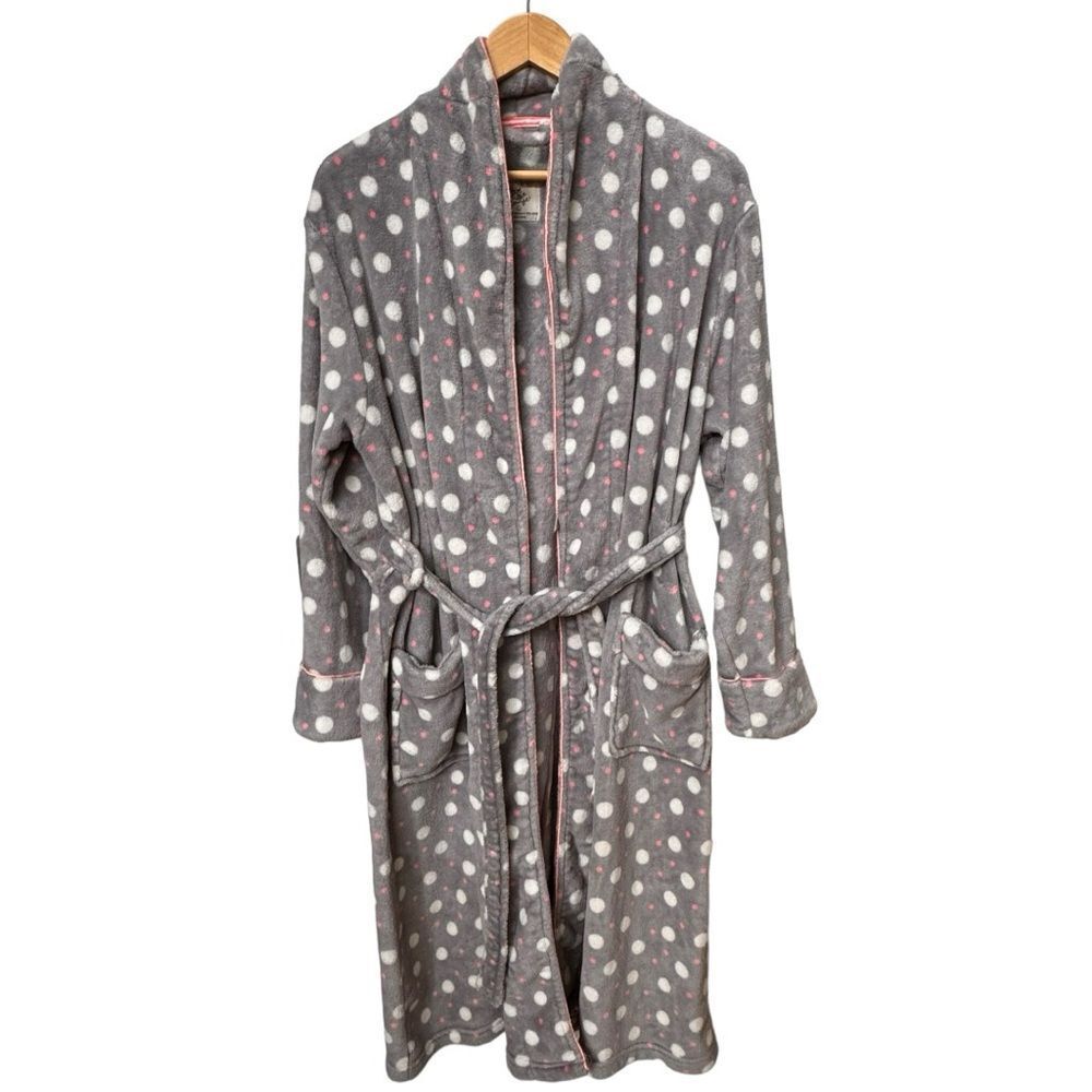 Love To Lounge Fleece Tie Waist Gray Pink White Polka Dot Robe. Large. 10-12.